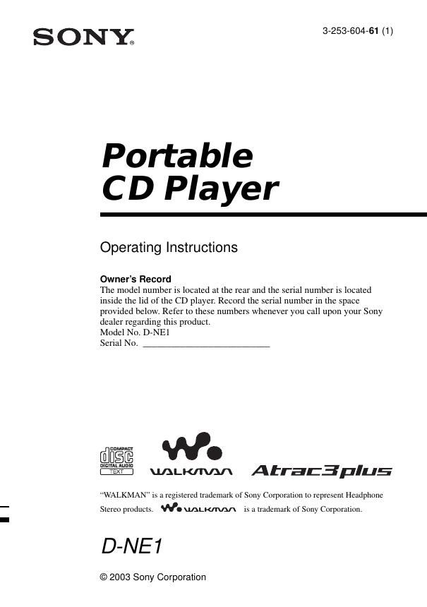 sony d ne 1 owners manual