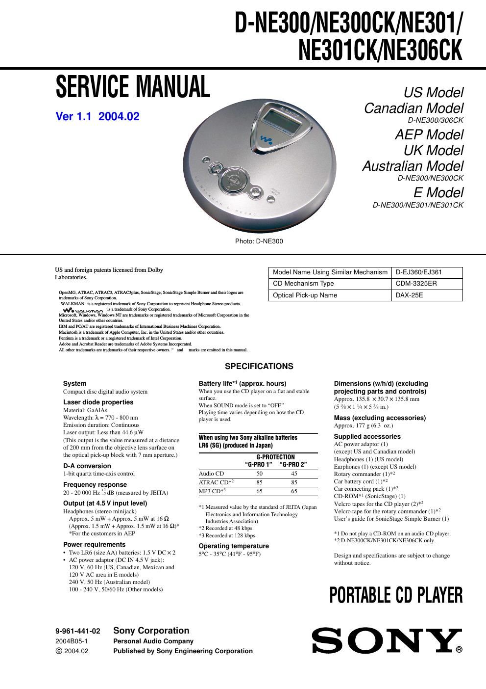 sony d ne 300 ck service manual