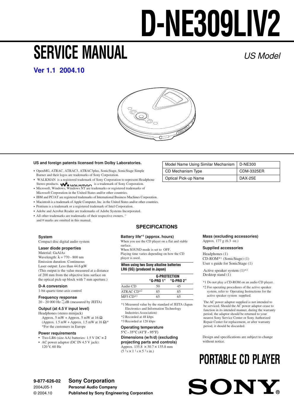 sony d ne 309 liv 2 service manual