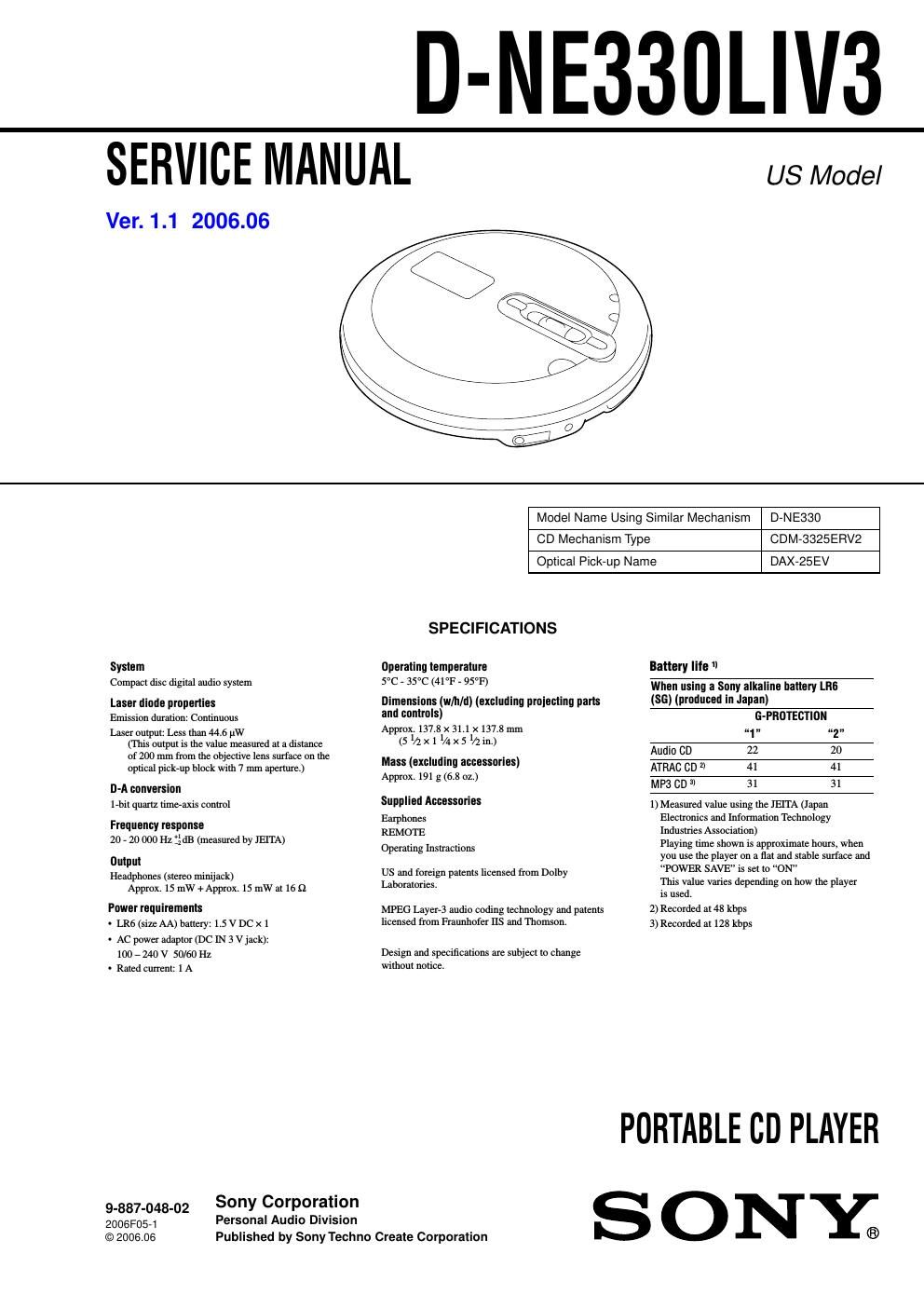 sony d ne 330 liv 3 service manual