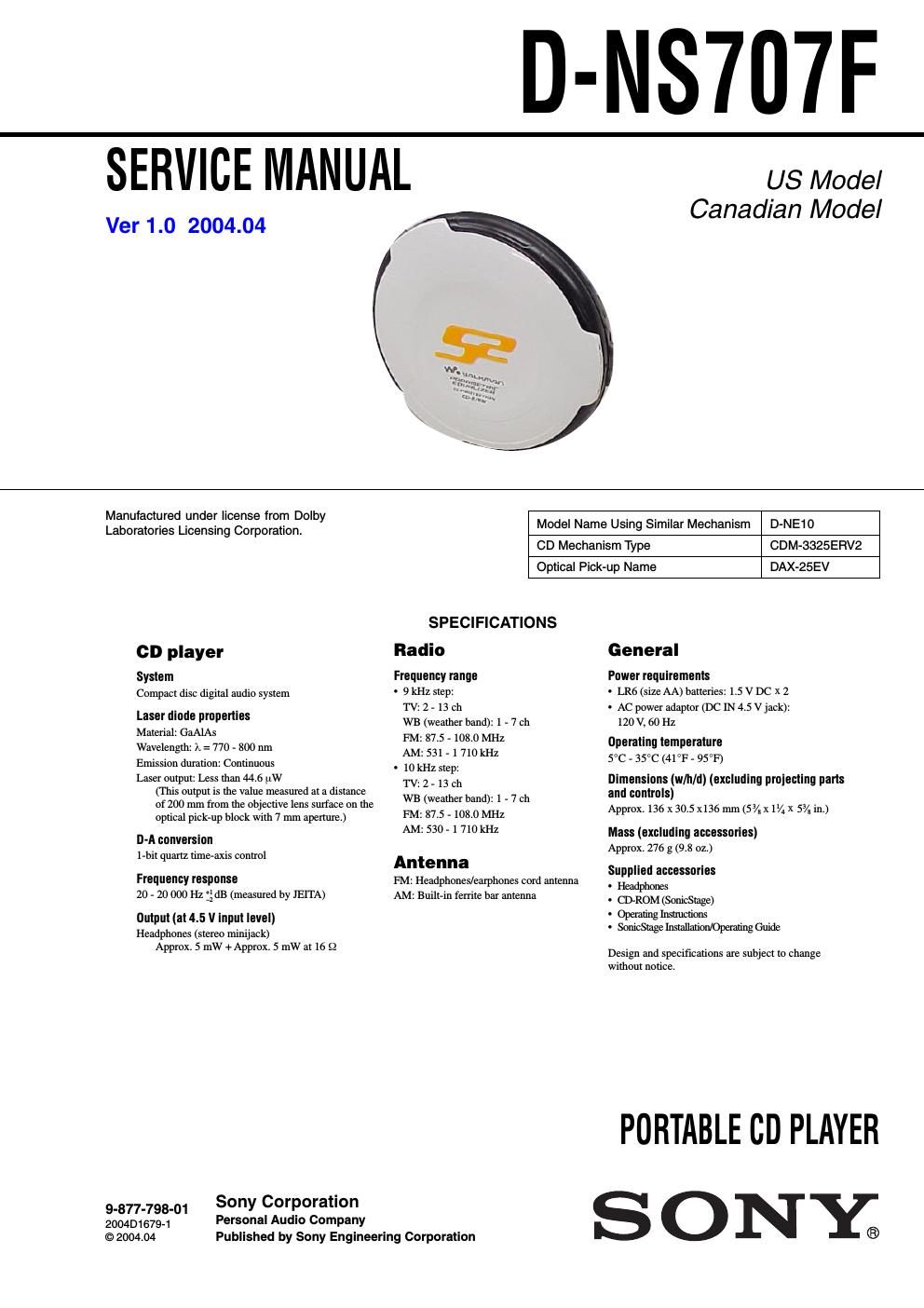 sony d ns 707 f service manual