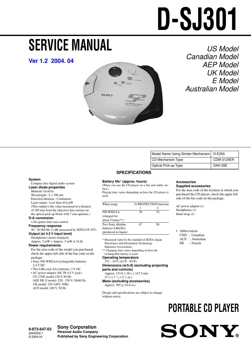 sony d sj 301 service manual