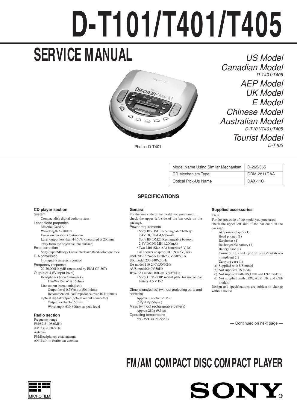 sony d t 401 service manual