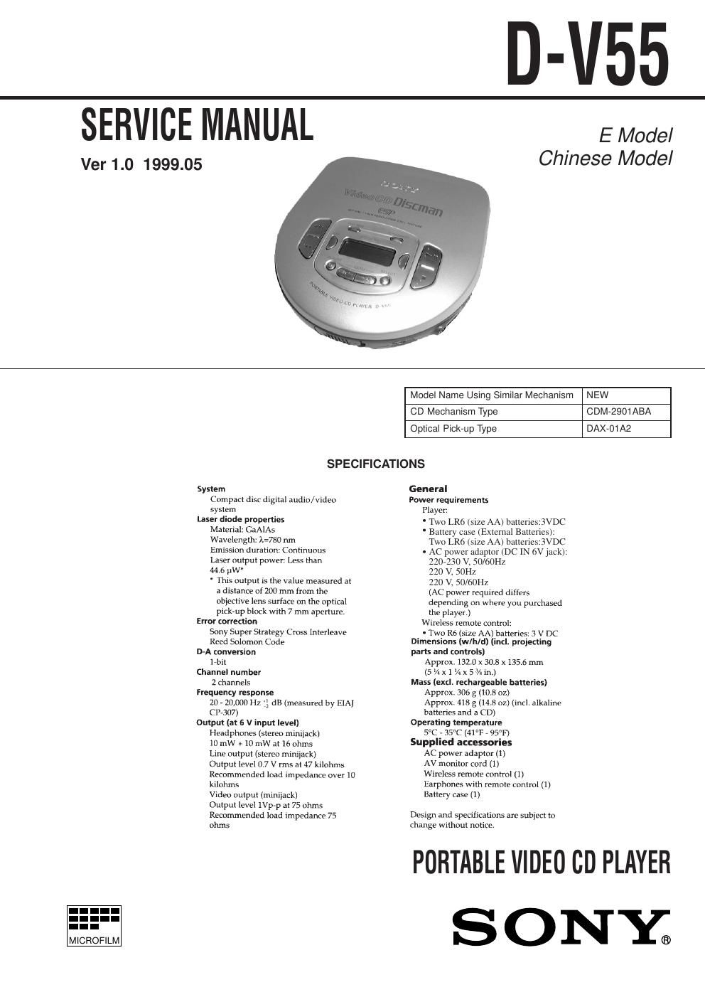 sony d v 55 service manual