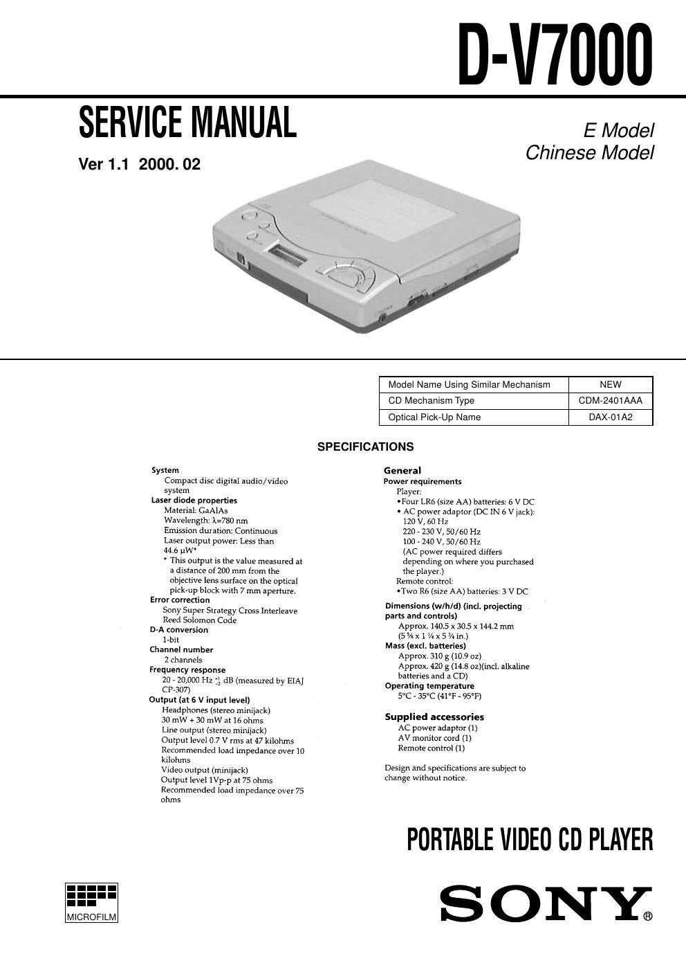 sony d v 7000 service manual