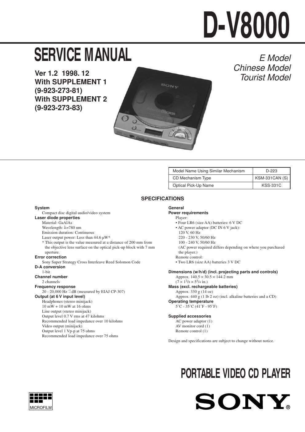 sony d v 8000 service manual