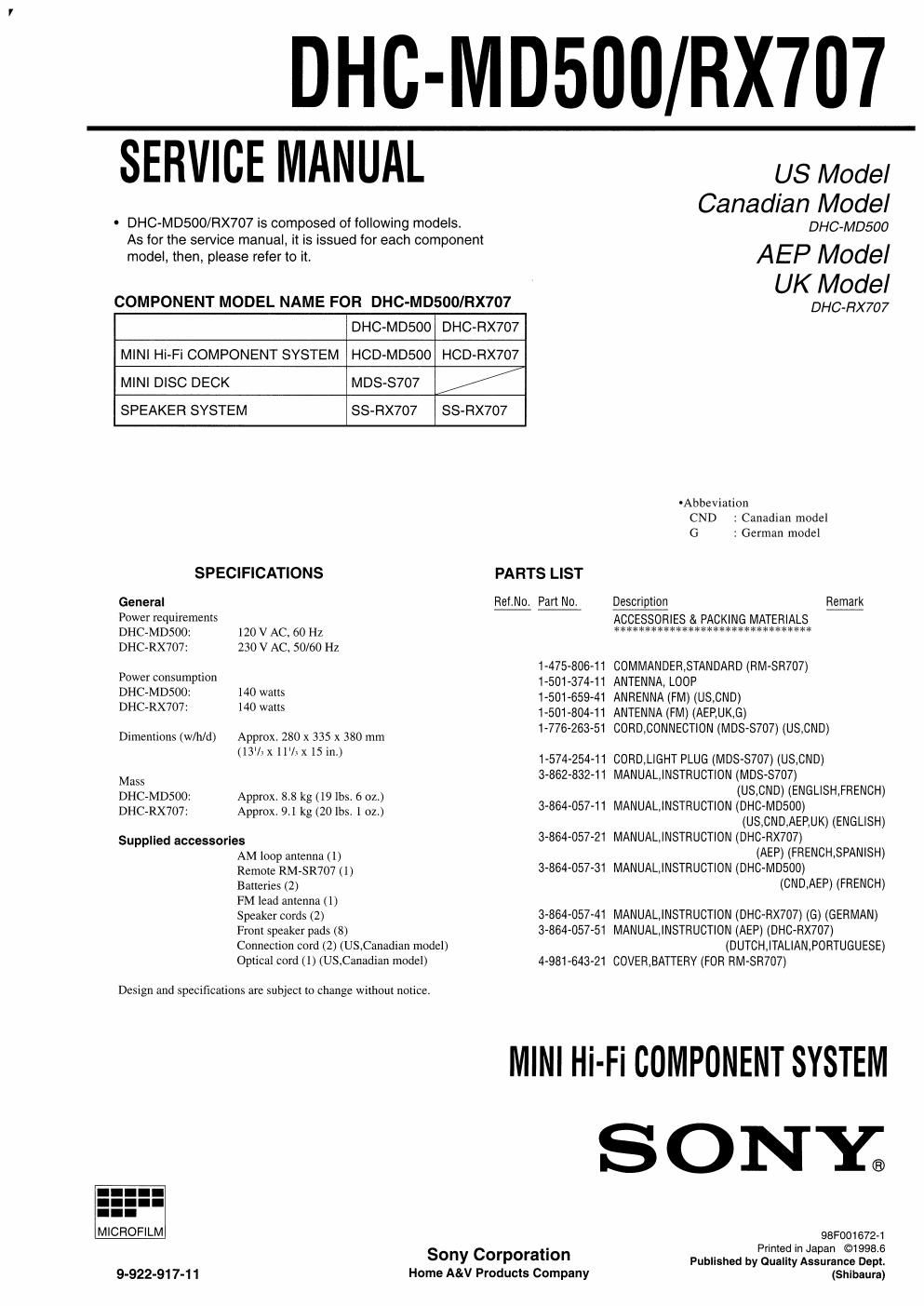 sony dhc rx 707 service manual