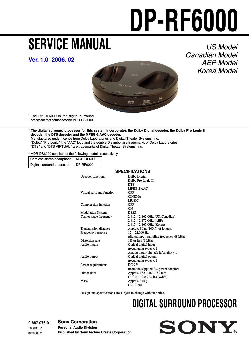 sony dp rf 6000 service manual