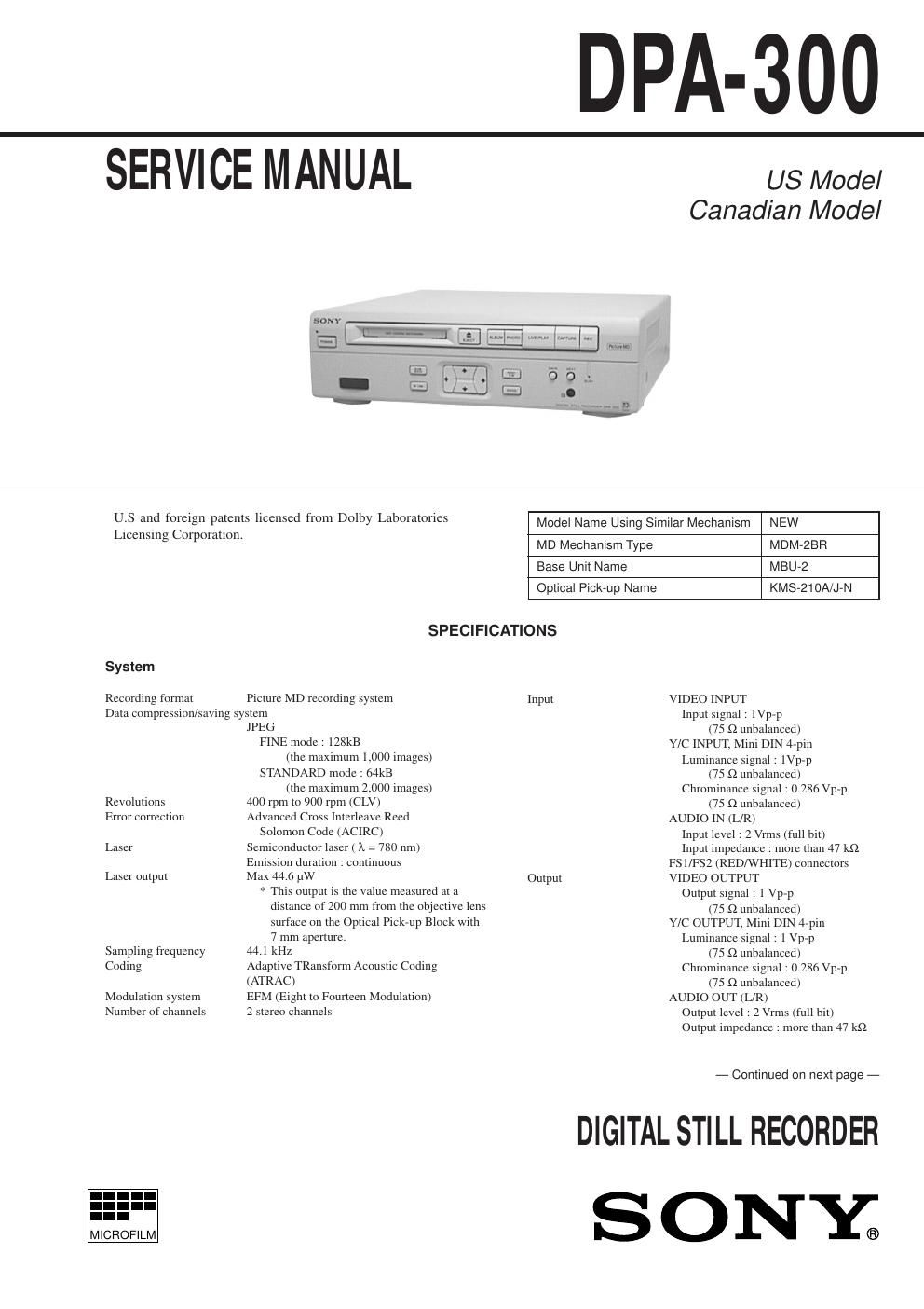 sony dpa 300 service manual