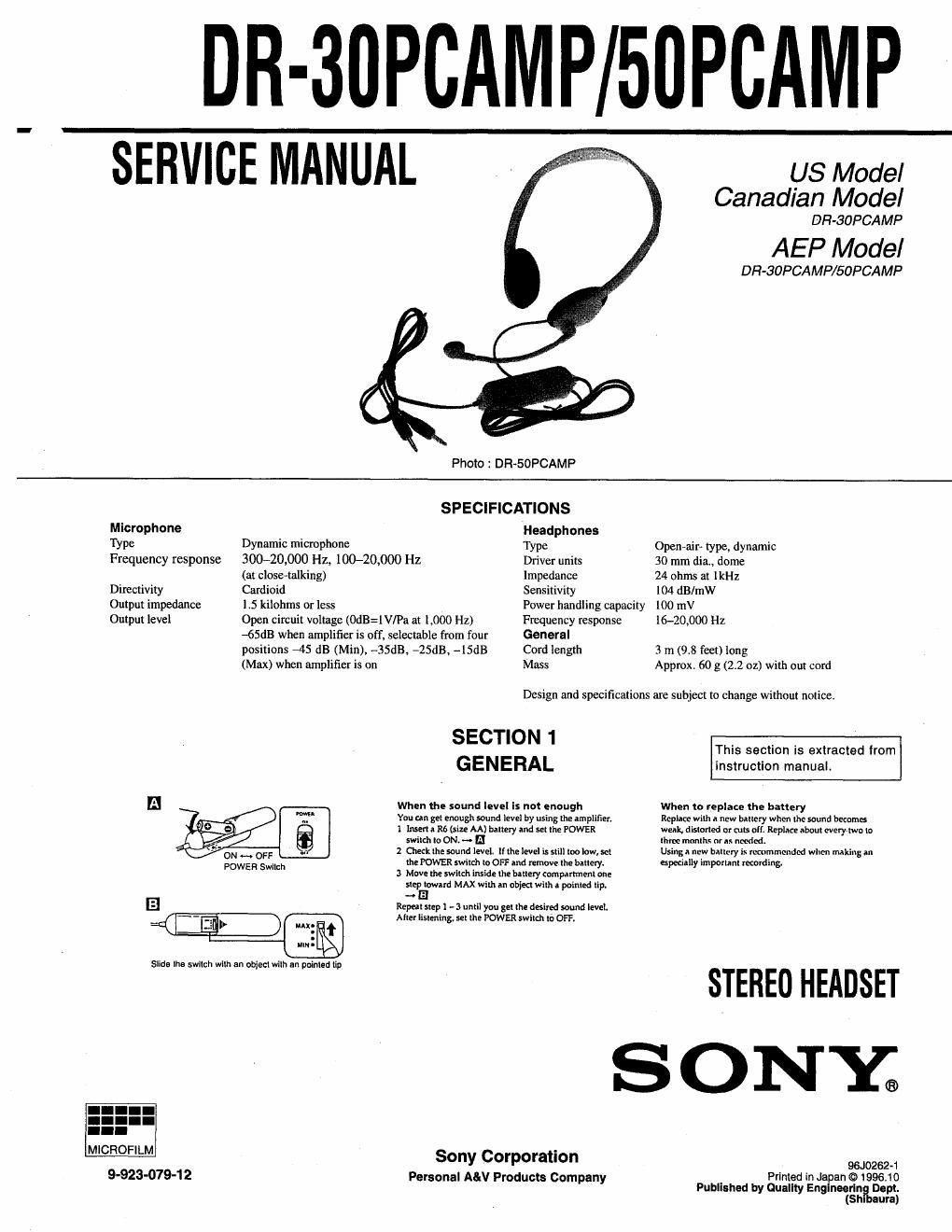 sony dr 30 pcamp service manual