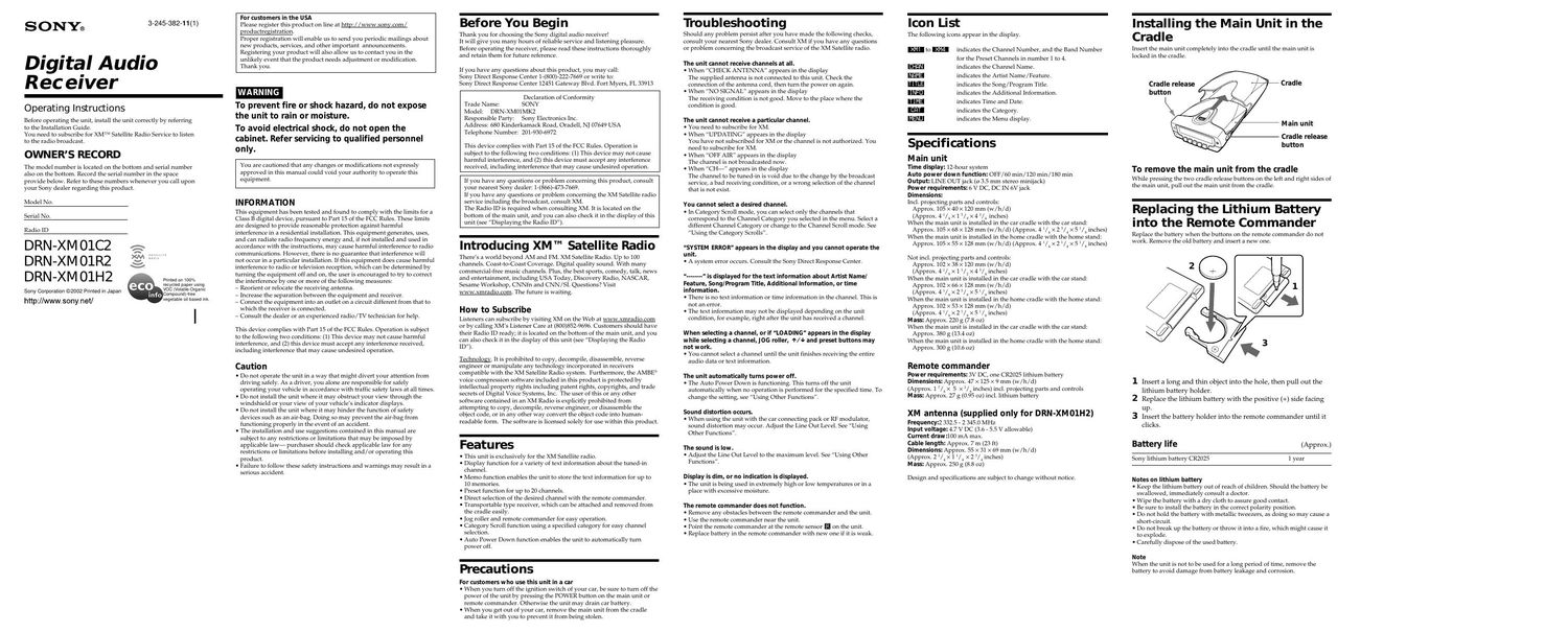 sony drn xm 01 ck 2 owners manual