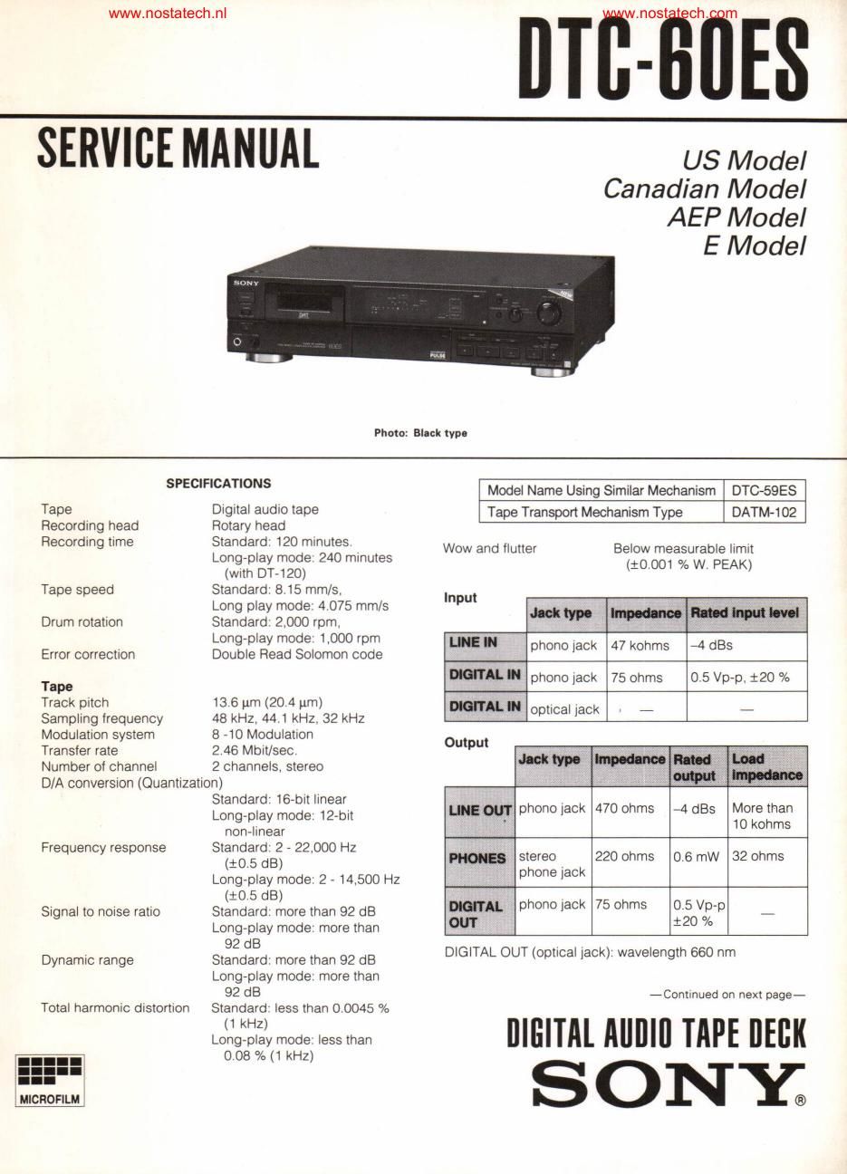 sony dtc 60es tape service manual