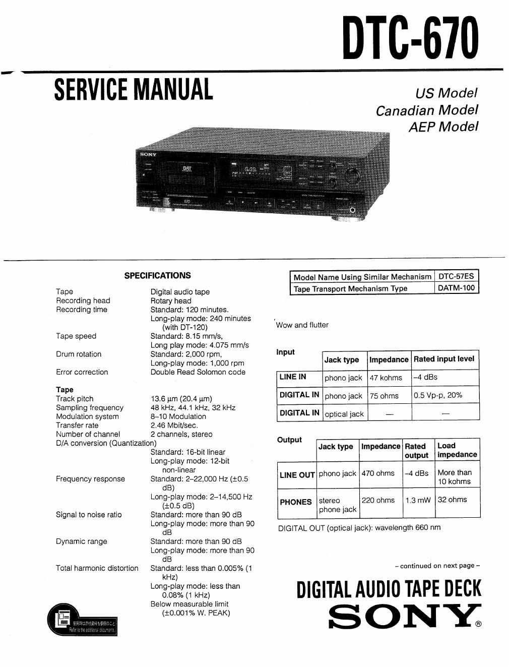 sony dtc 670 service manual