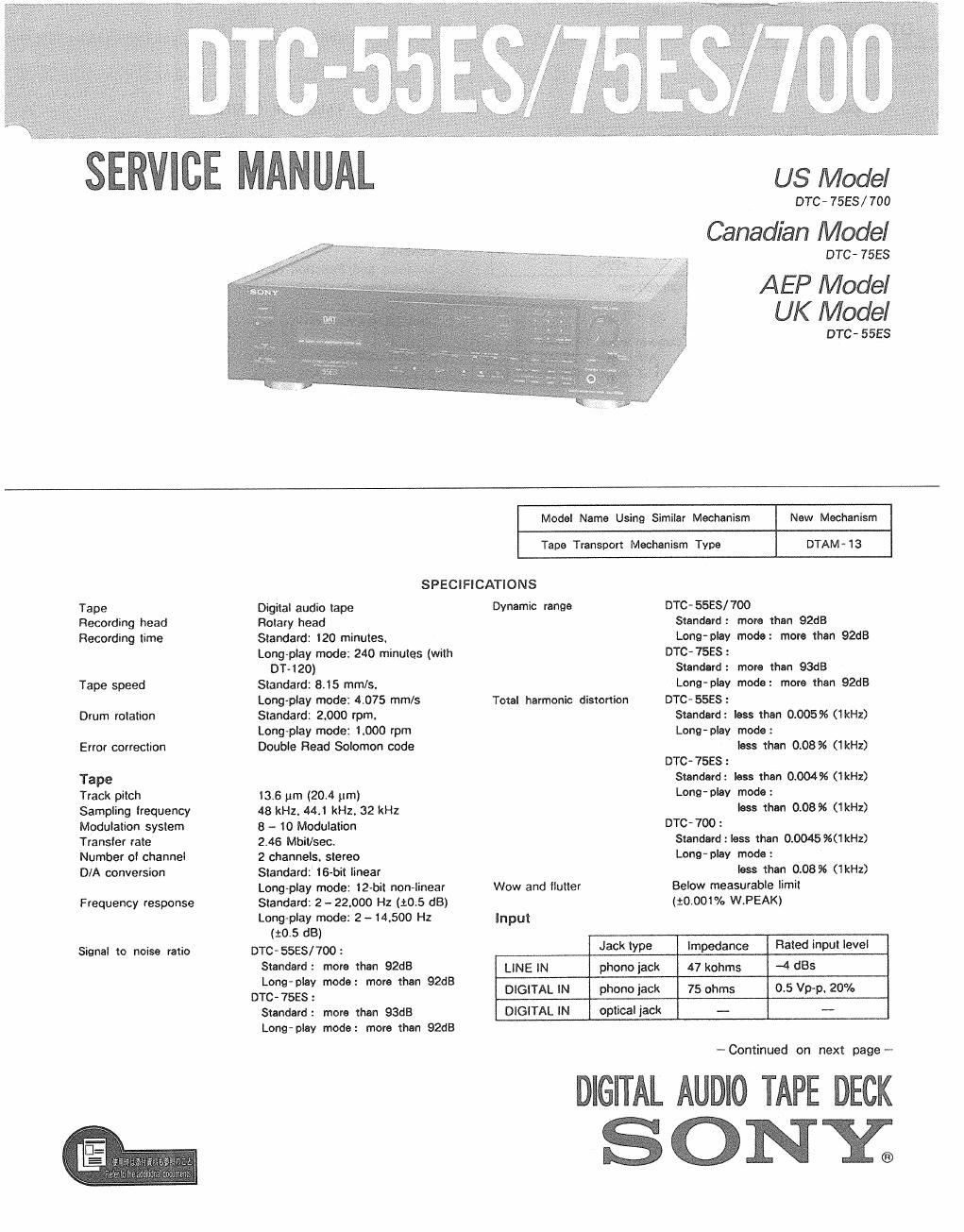 sony dtc 700 service manual