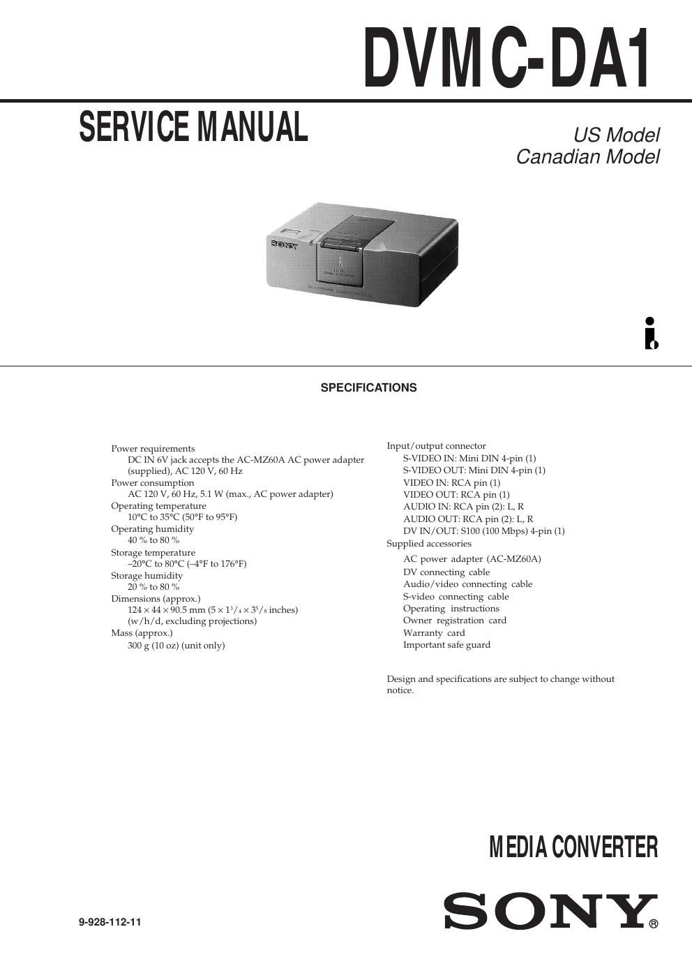 sony dvmcda 1 service manual