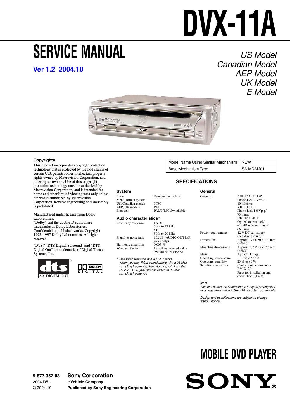 sony dvx 11 a service manual