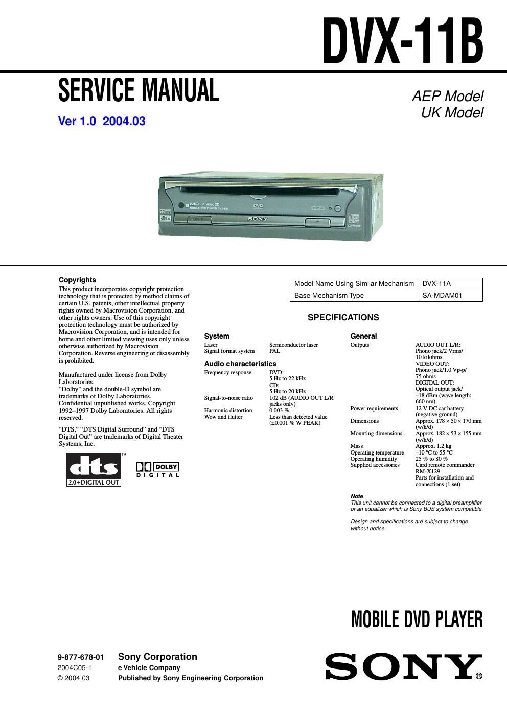 sony dvx 11 b service manual