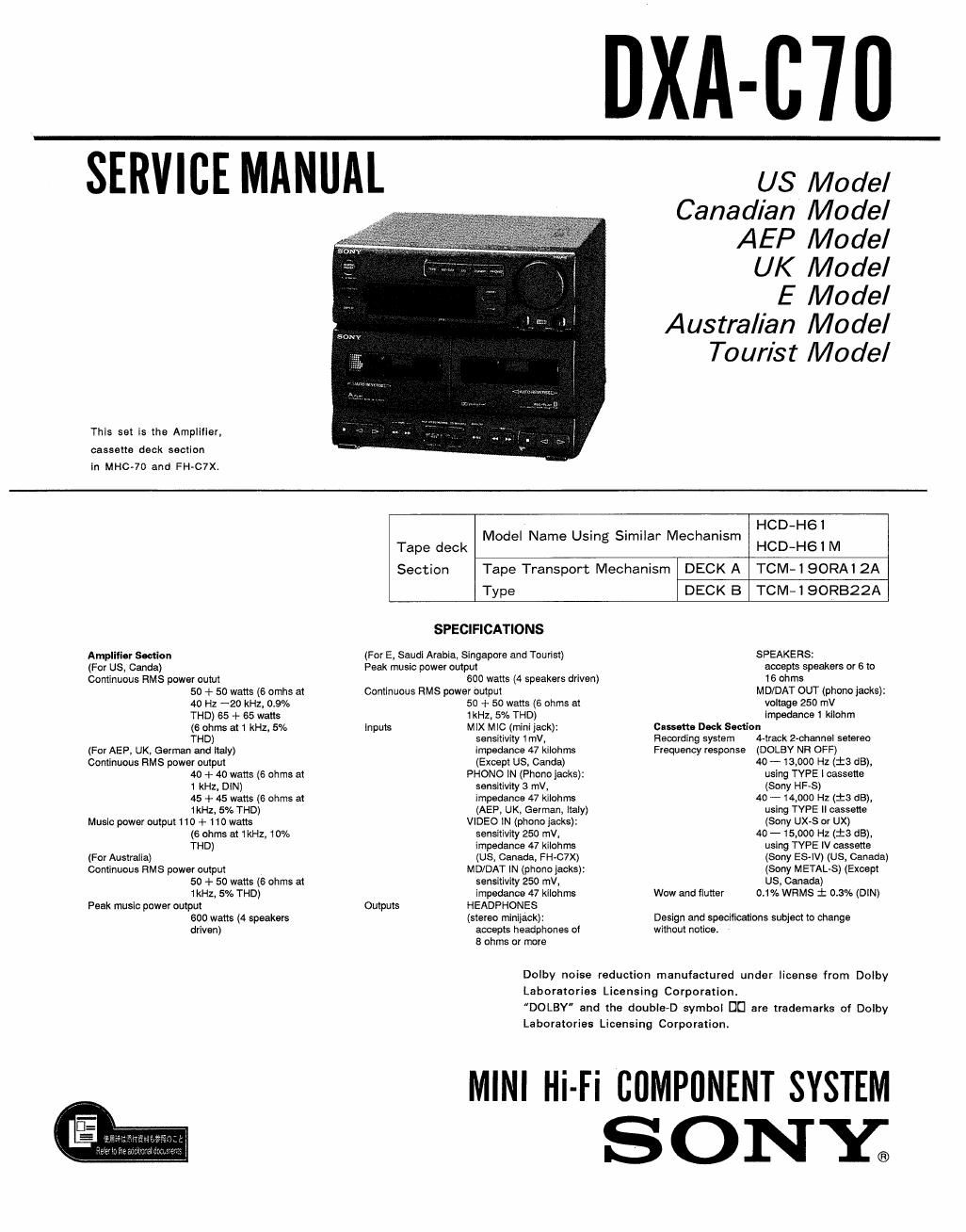 sony dxac 70 service manual