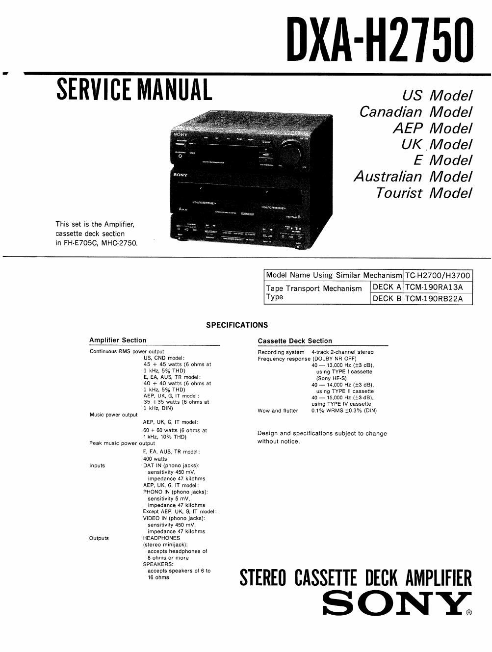 sony dxah 2750 service manual