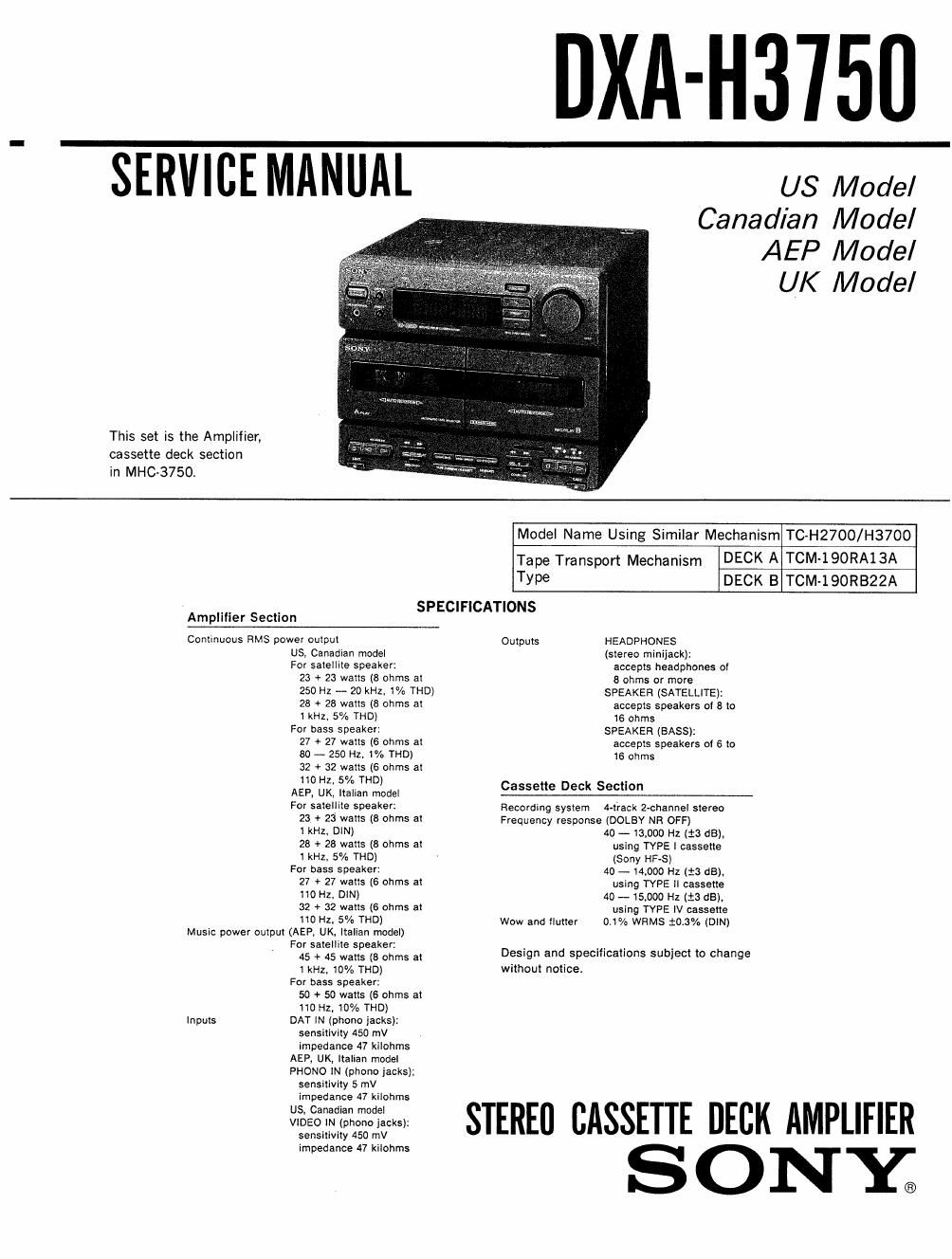 sony dxah 3750 service manual