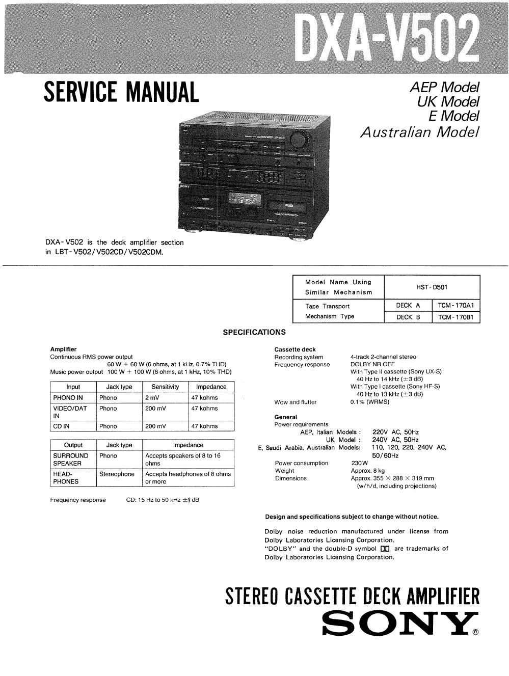 sony dxav 502 service manual