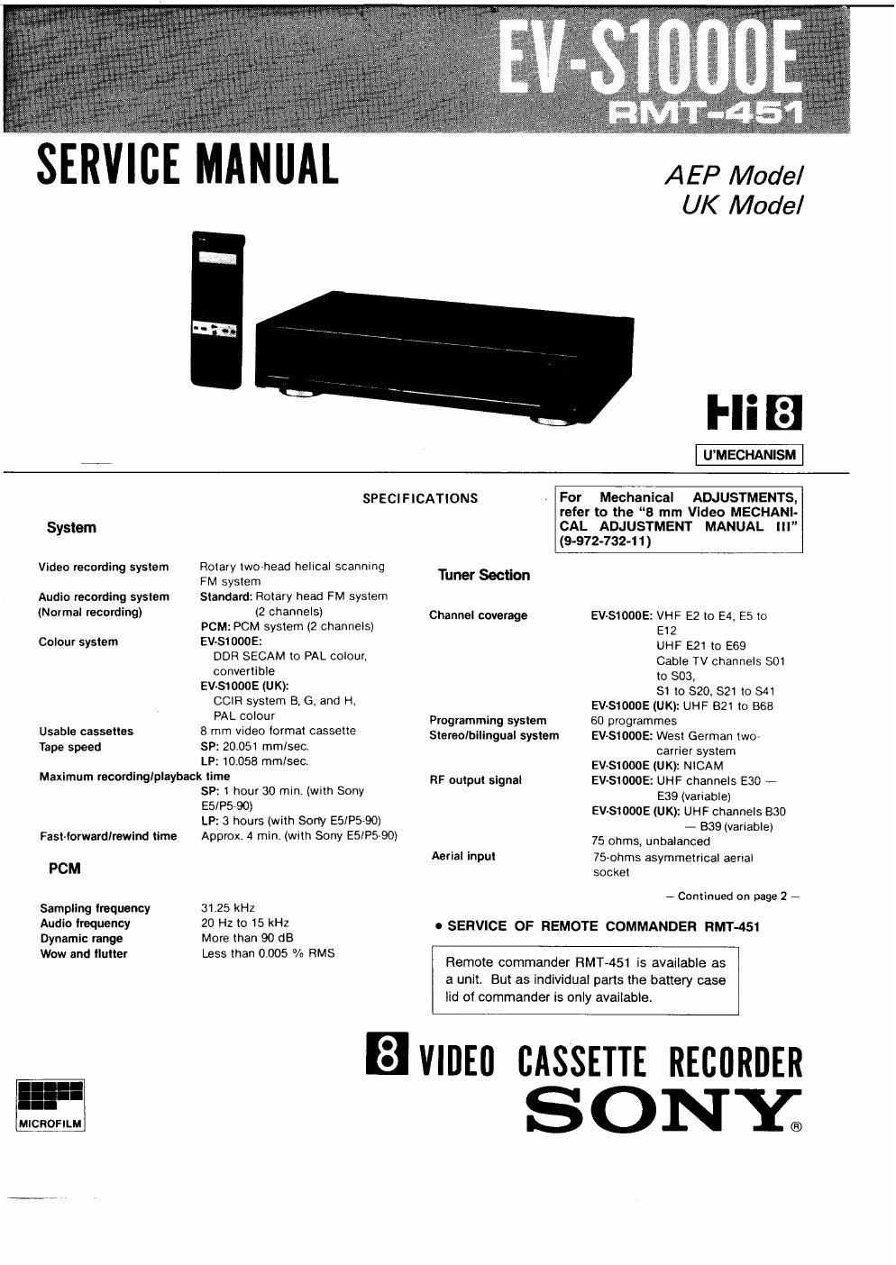 sony ev s 1000 e service manual