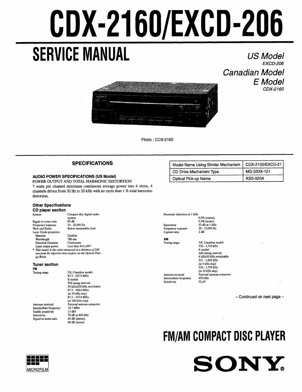 sony excd 206 service manual
