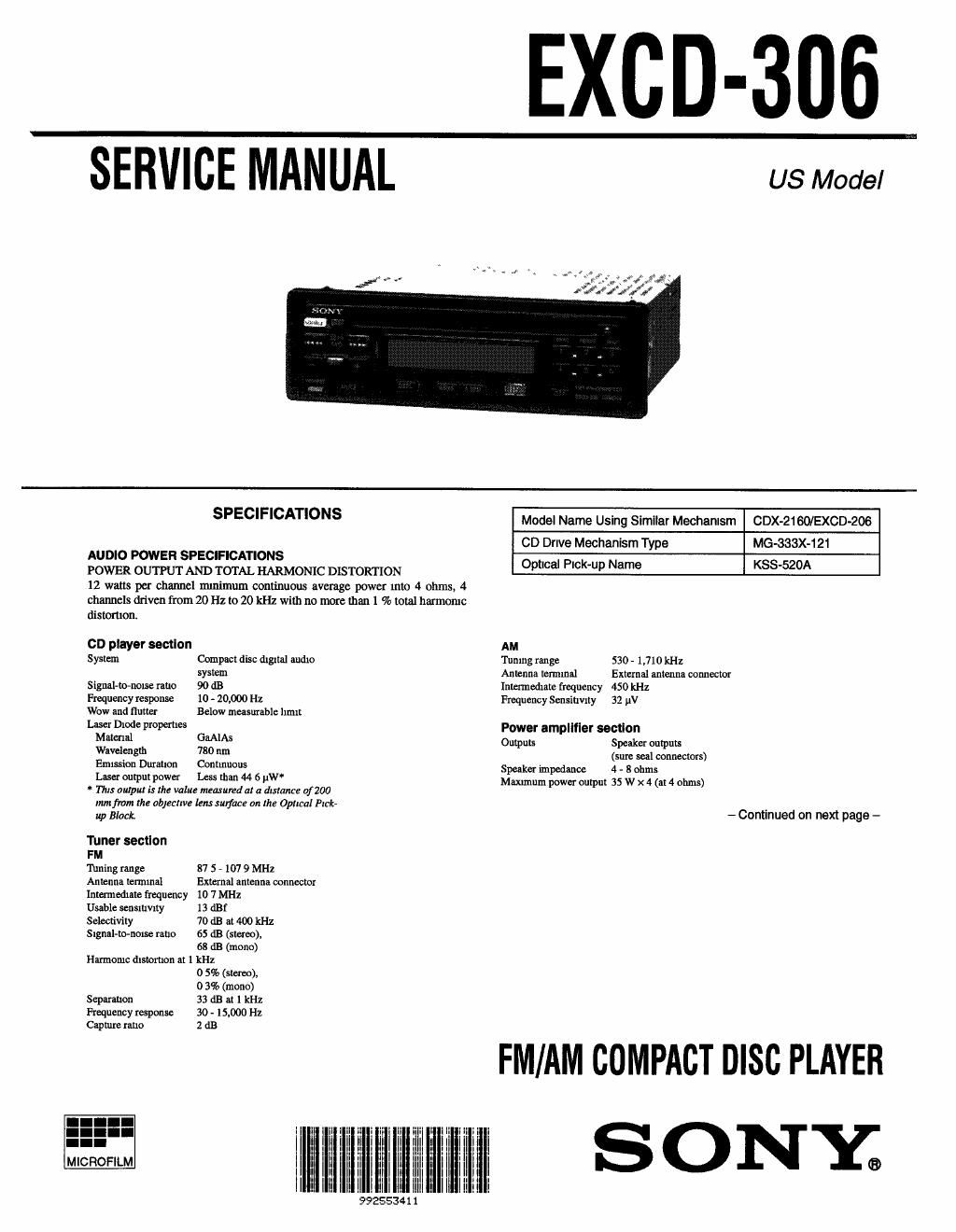 sony excd 306 service manual