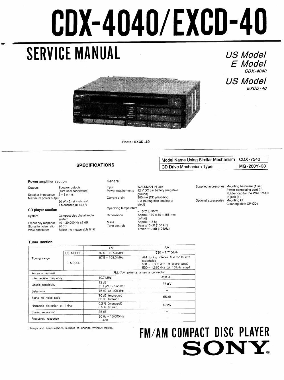 sony excd 40 service manual
