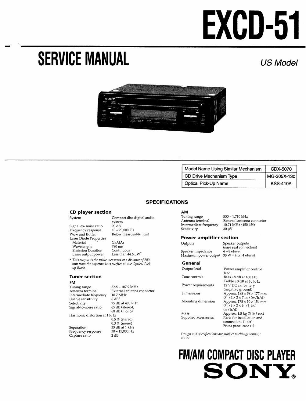 sony excd 51 service manual