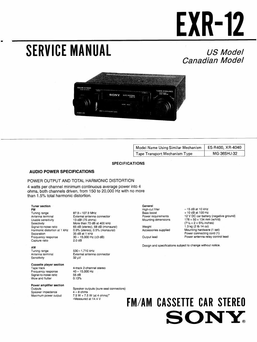 sony exr 12 service manual