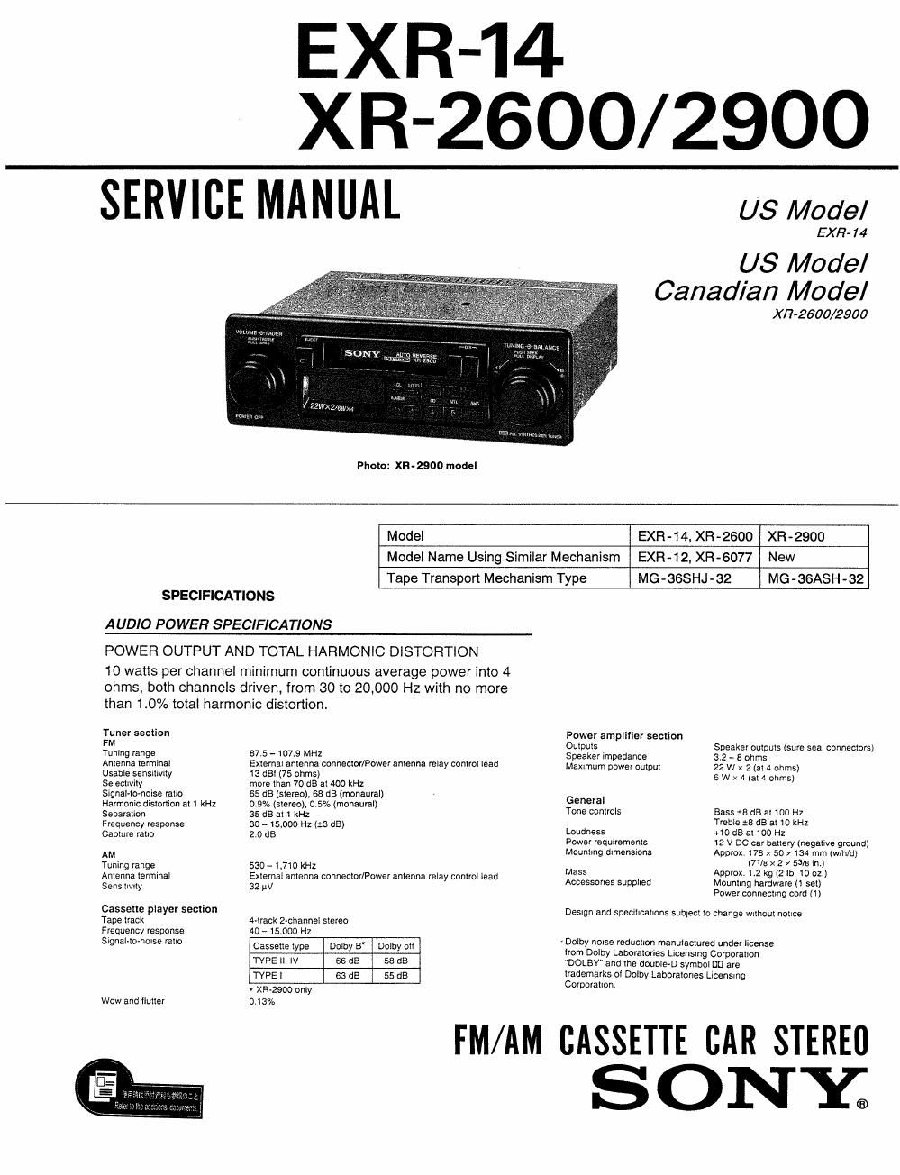 sony exr 14 service manual