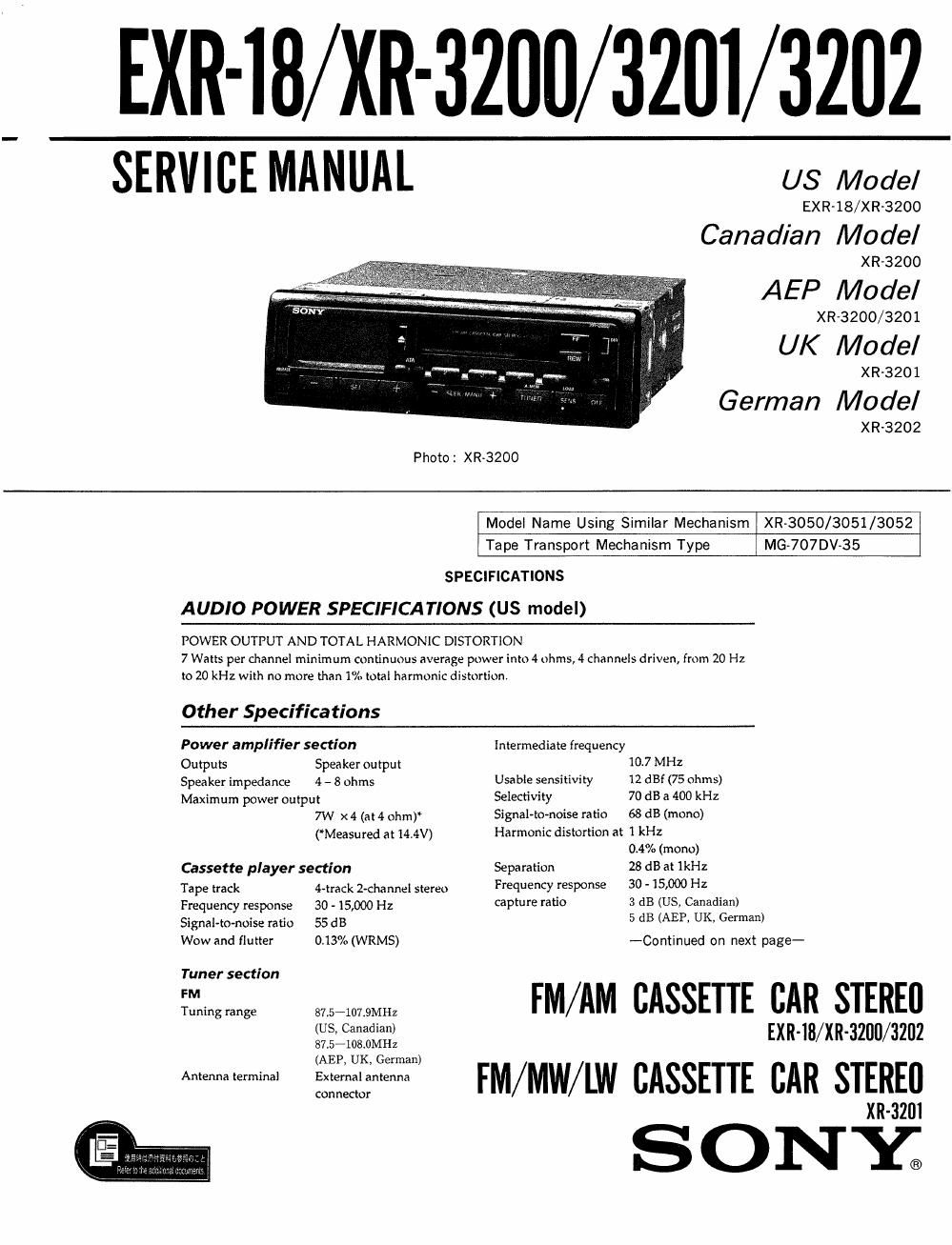 sony exr 18 service manual