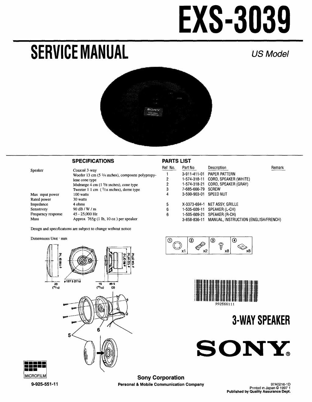 sony exs 3039 service manual