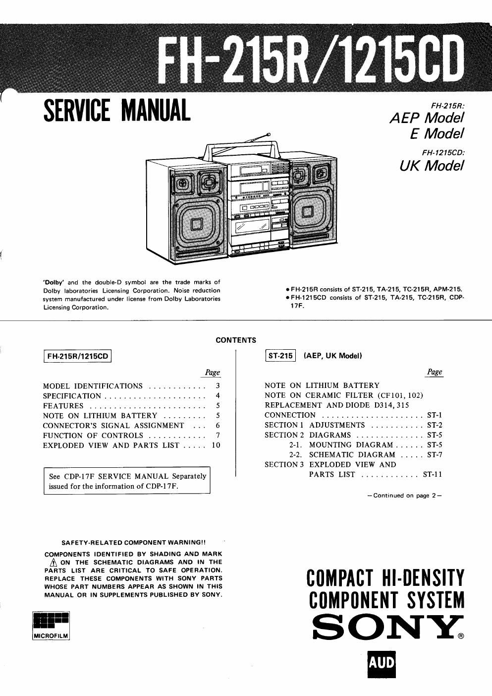 sony fh 215 r service manual