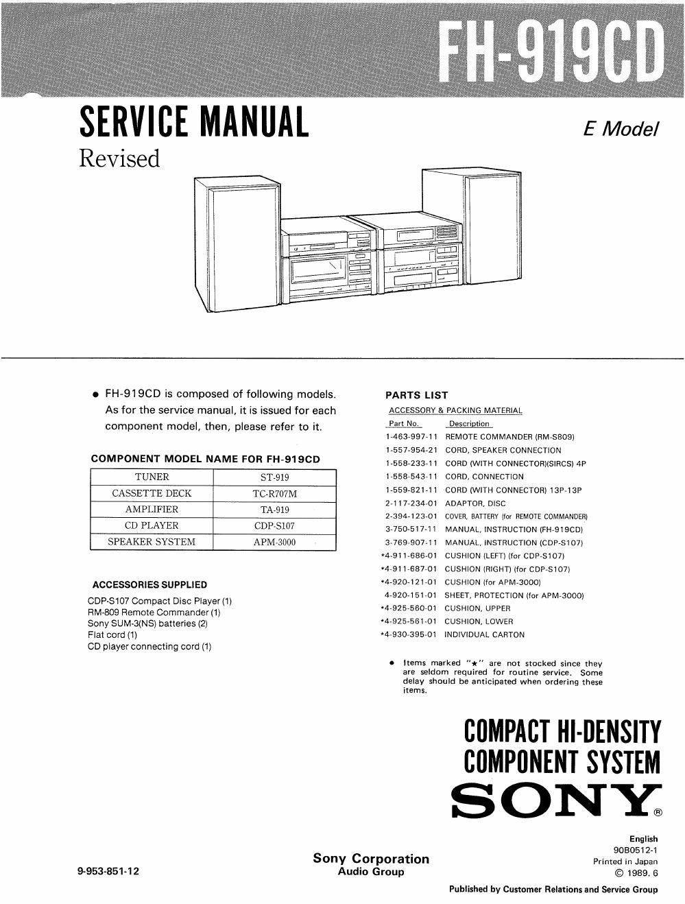 sony fh 919 cd service manual