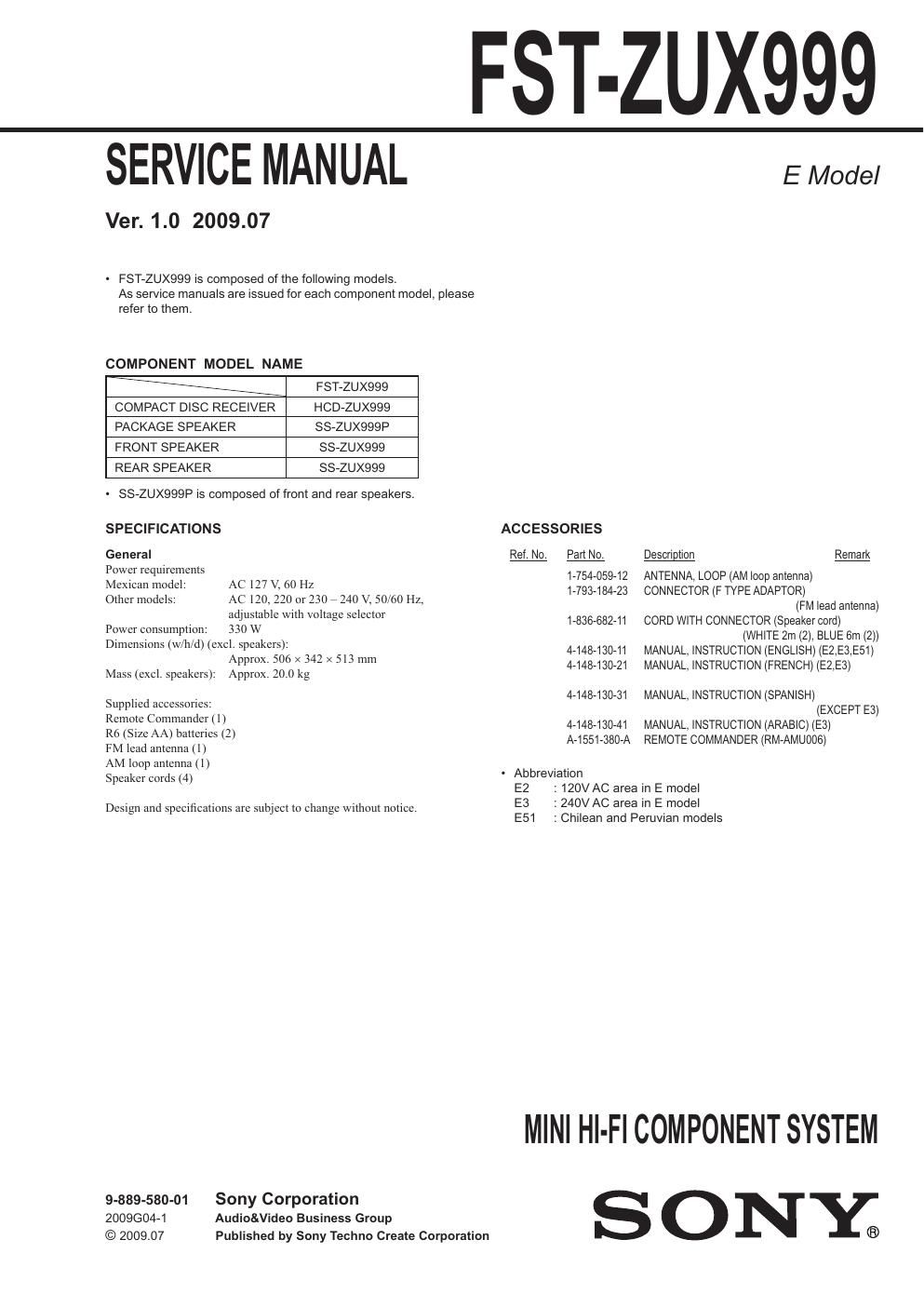 sony fst zux999 service manual