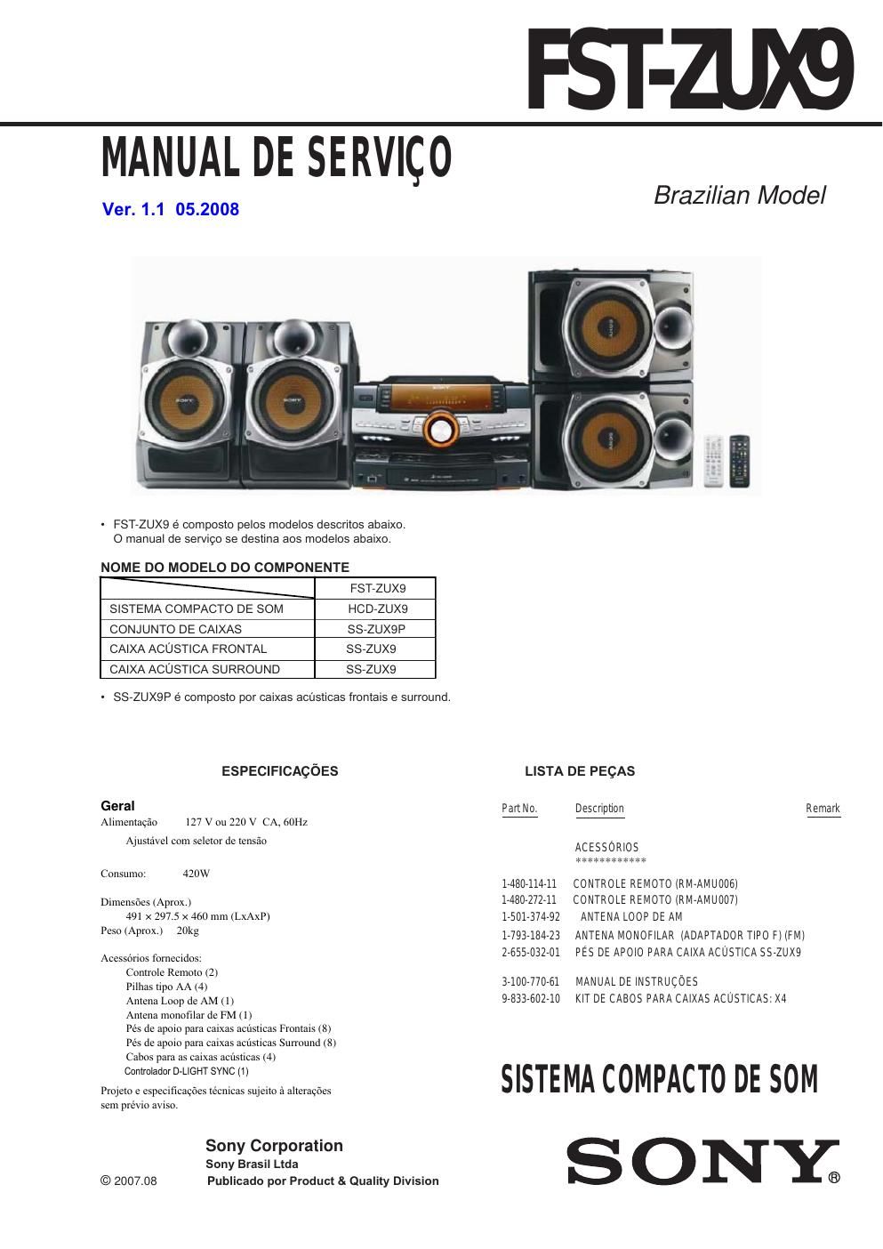 sony fstzux 9 service manual