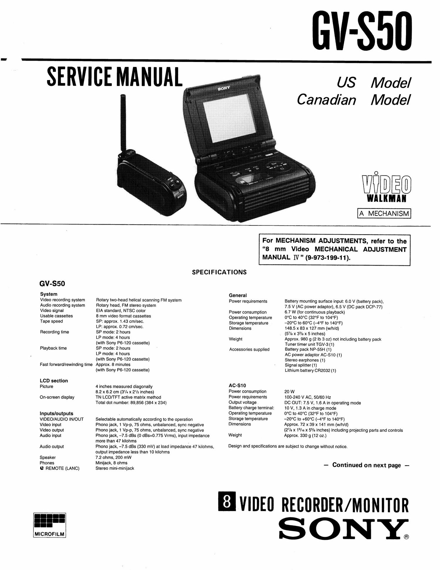 sony gv s 50 service manual