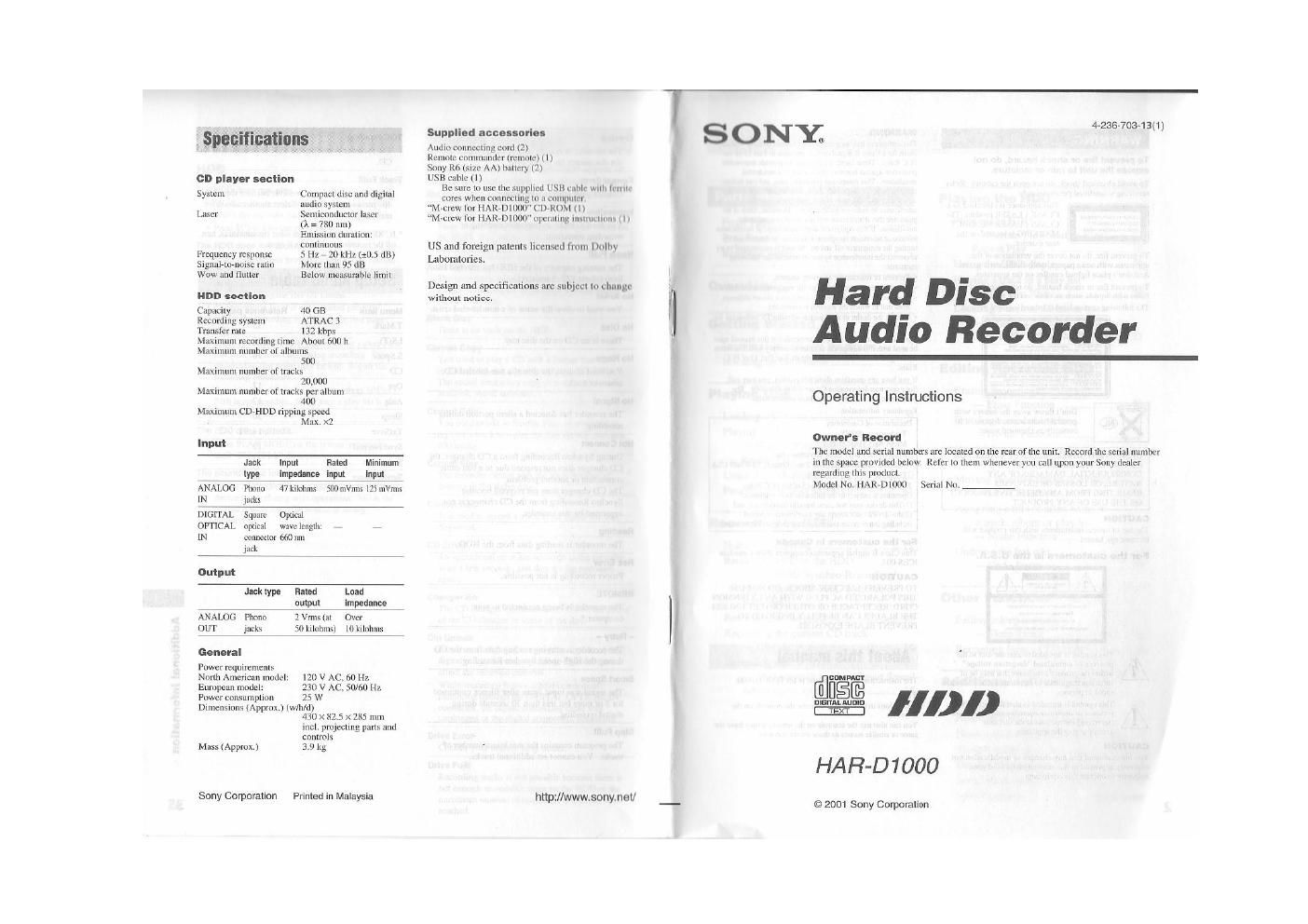 sony har d 1000 owners manual