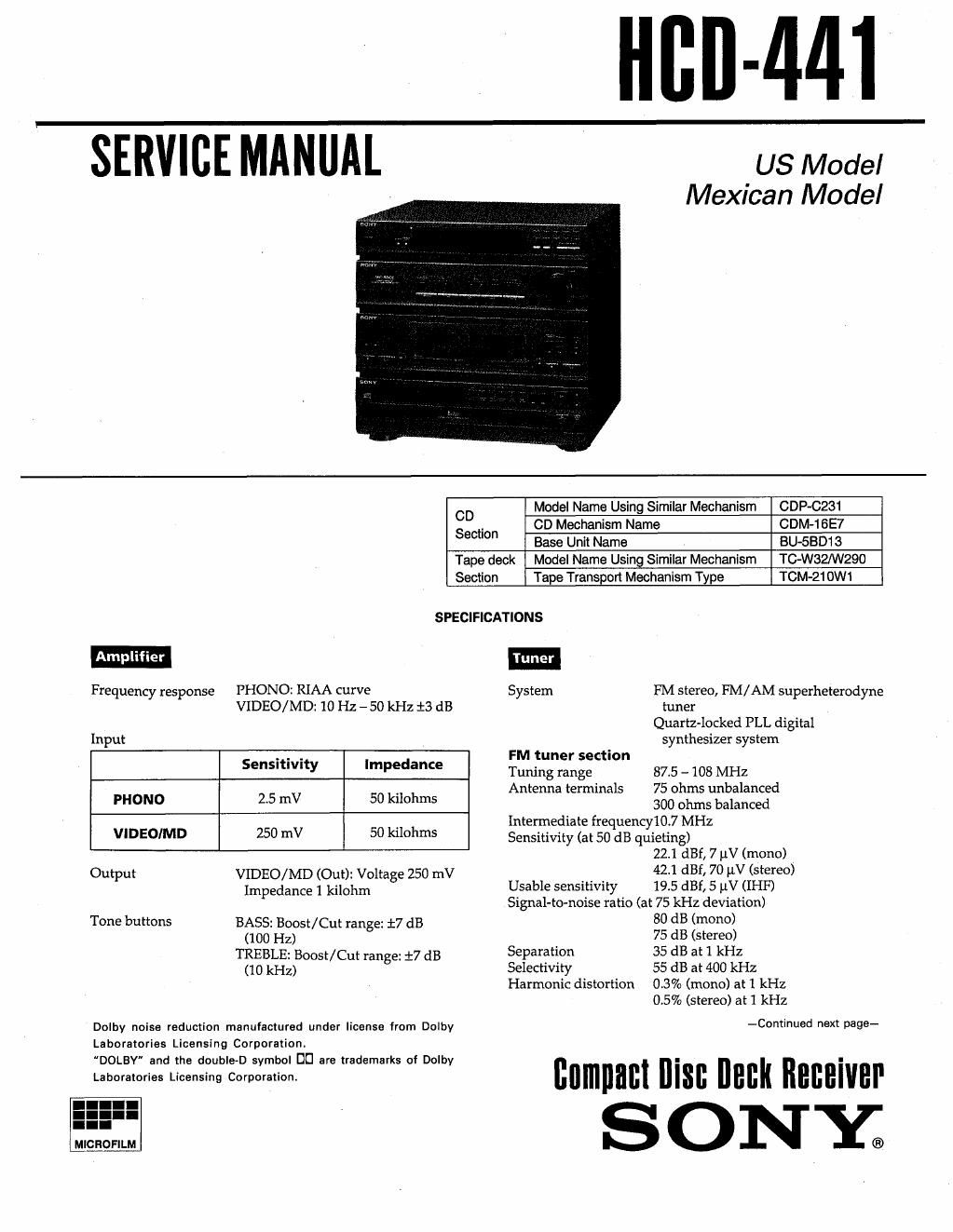 sony hcd 441 service manual