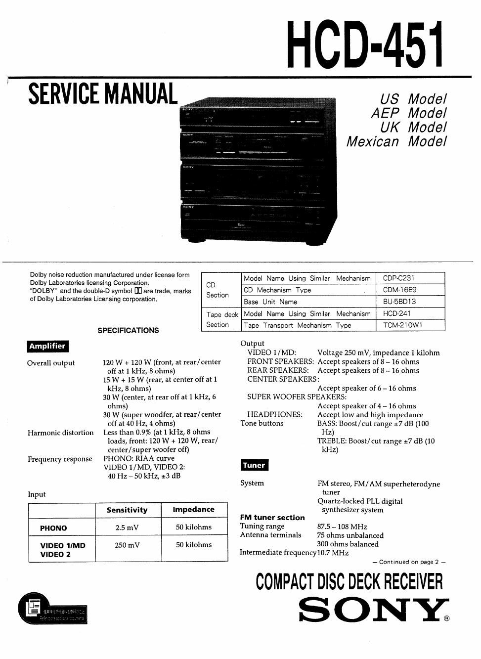 sony hcd 451 service manual