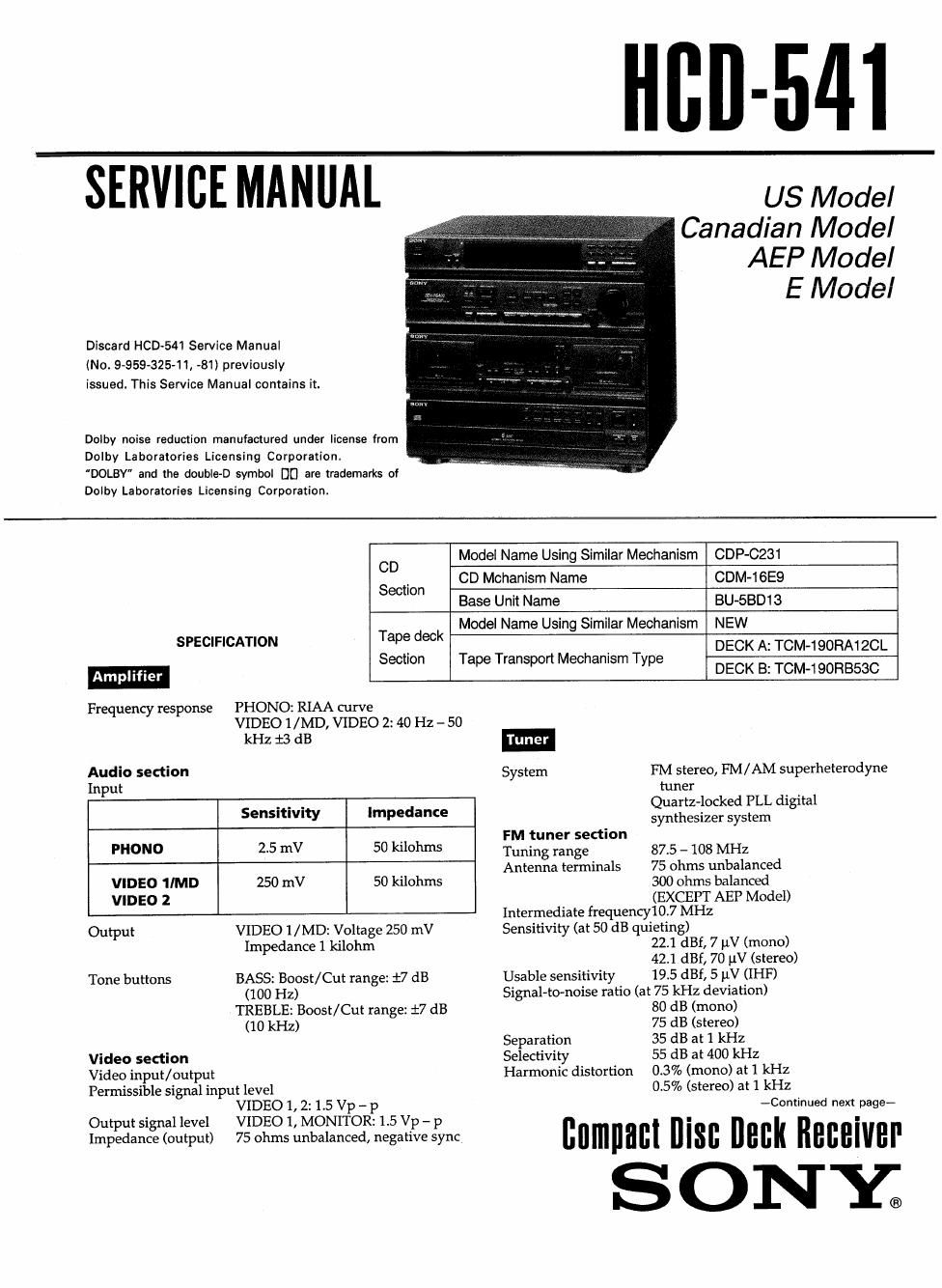 sony hcd 541 service manual