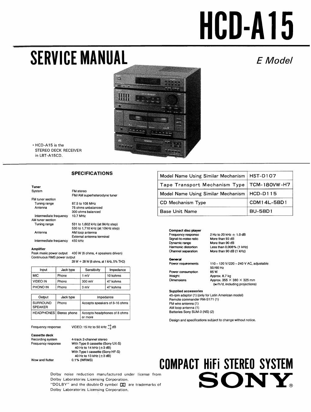 sony hcd a 15 lbt a 15l