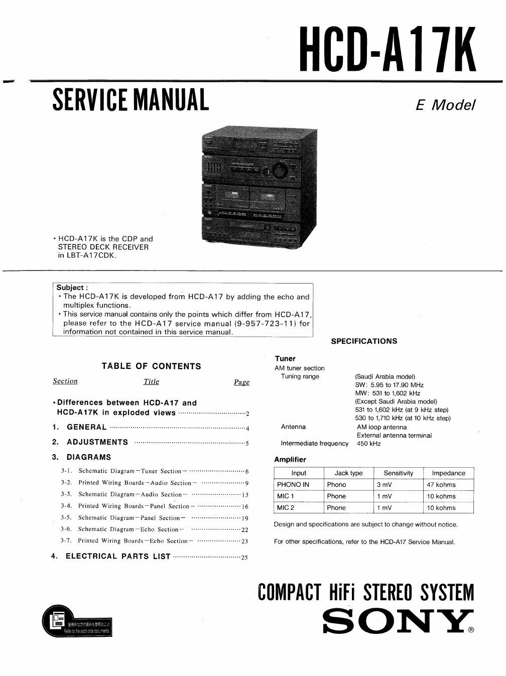 sony hcd a 17 k service manual