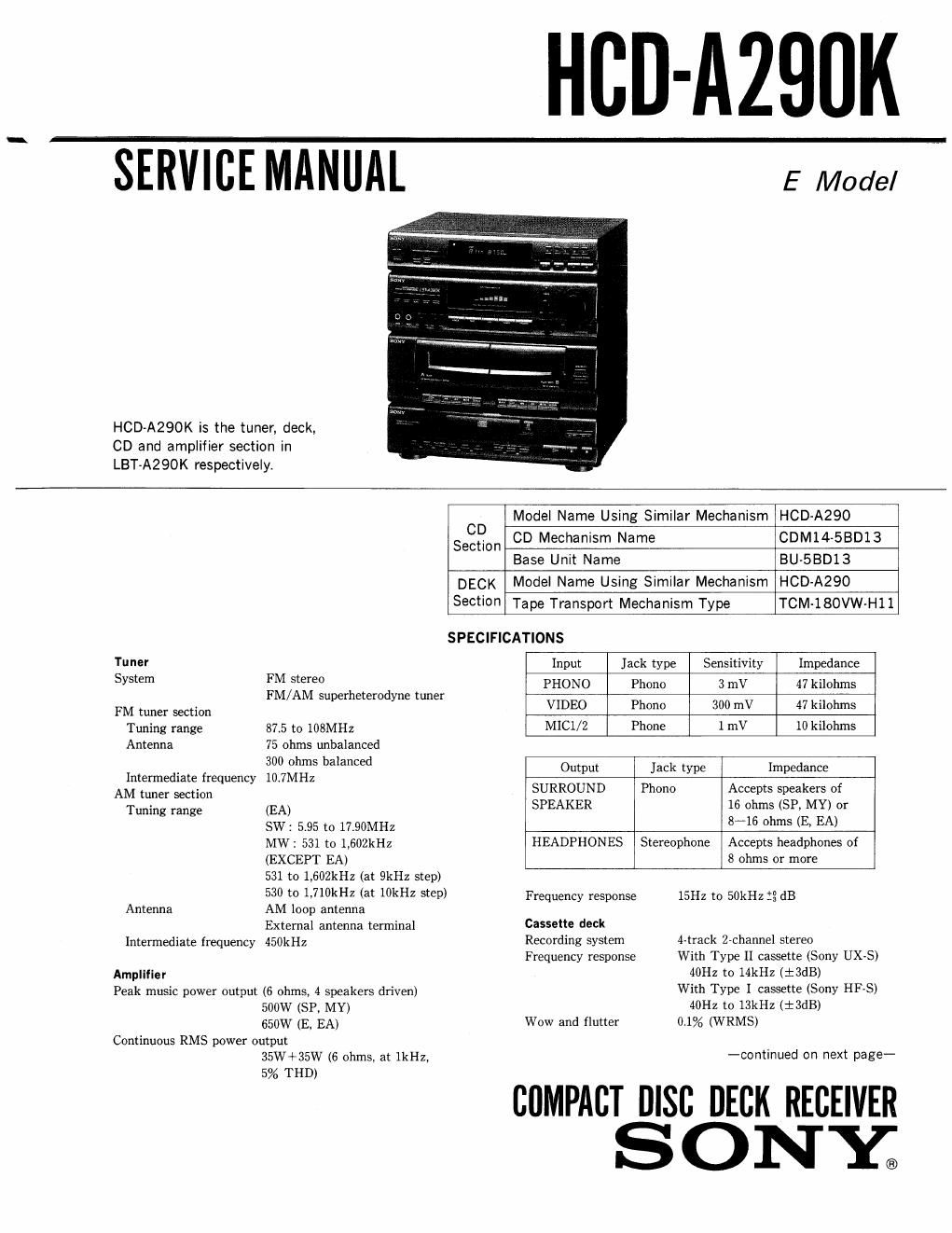 sony hcd a 290 k service manual