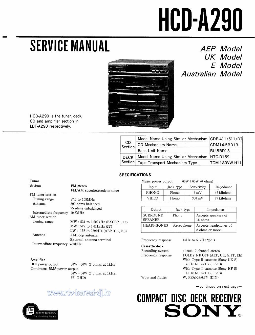 sony hcd a 290 service manual