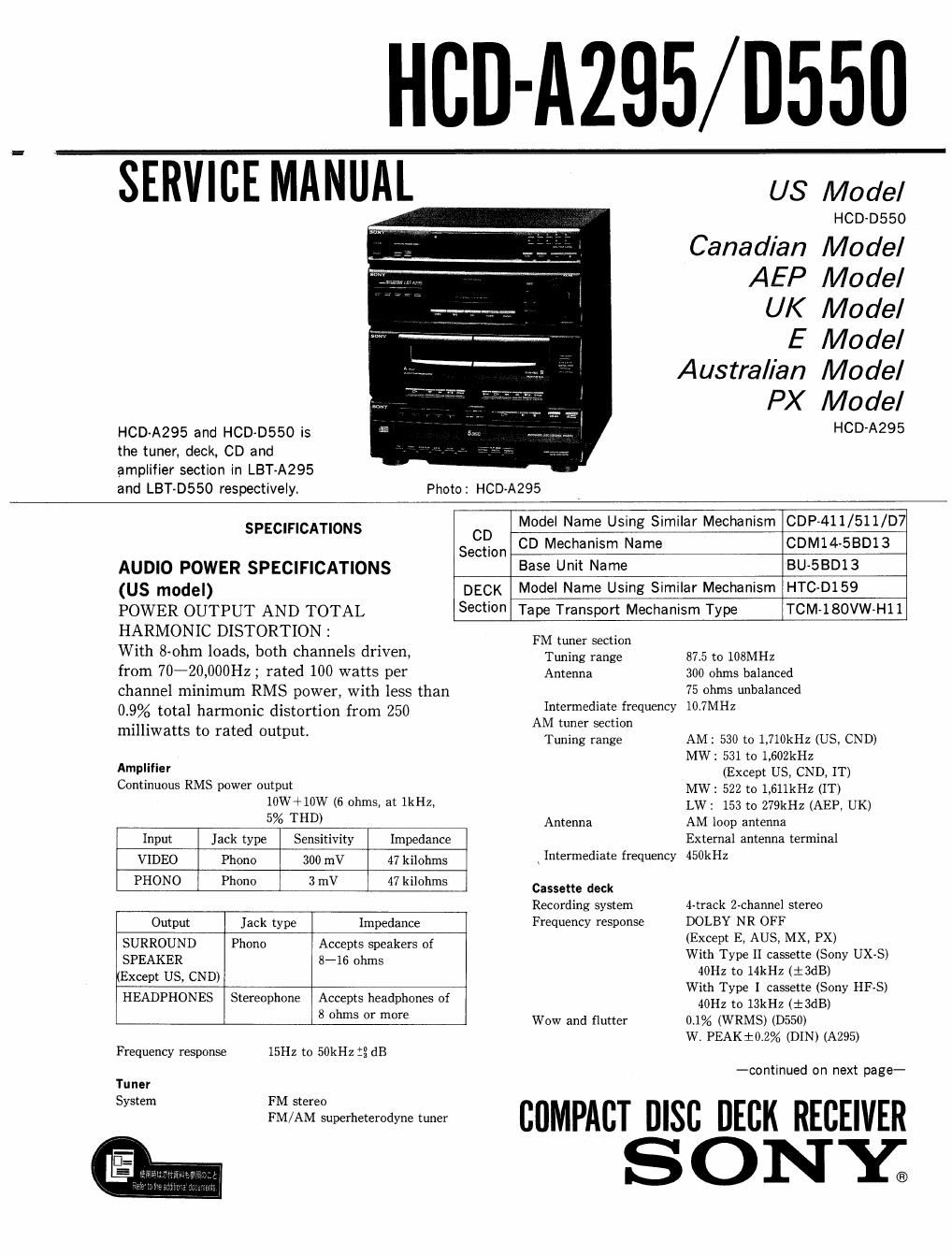 sony hcd a 295 service manual