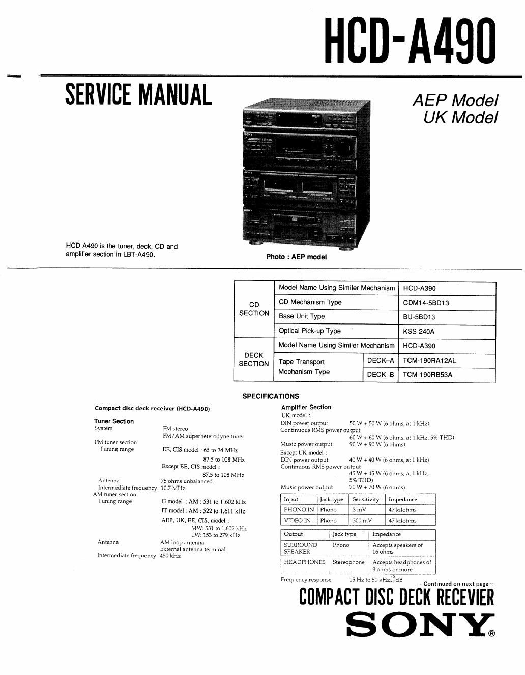 sony hcd a 490 service manual