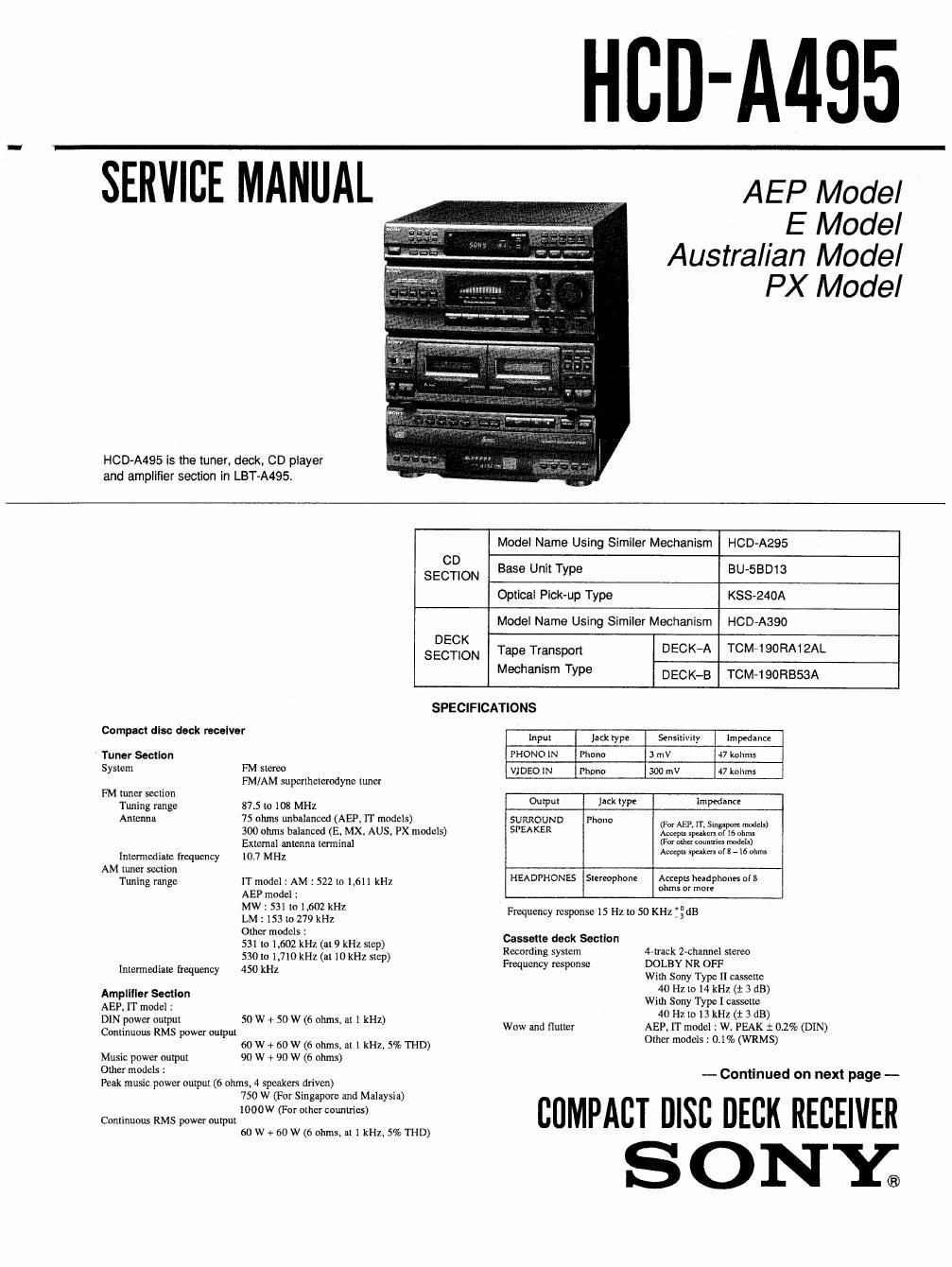 sony hcd a 495 service manual